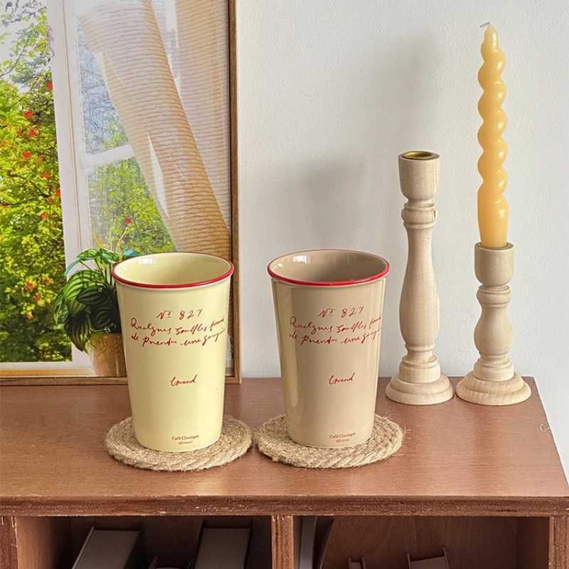 French Ceramic Coffee Mug 450ml Water Cup Vintage Paper Cup Letters Ceramic Hand Hold Tall Mug Coffee Cups Breakfast Juice Mugs Y251125