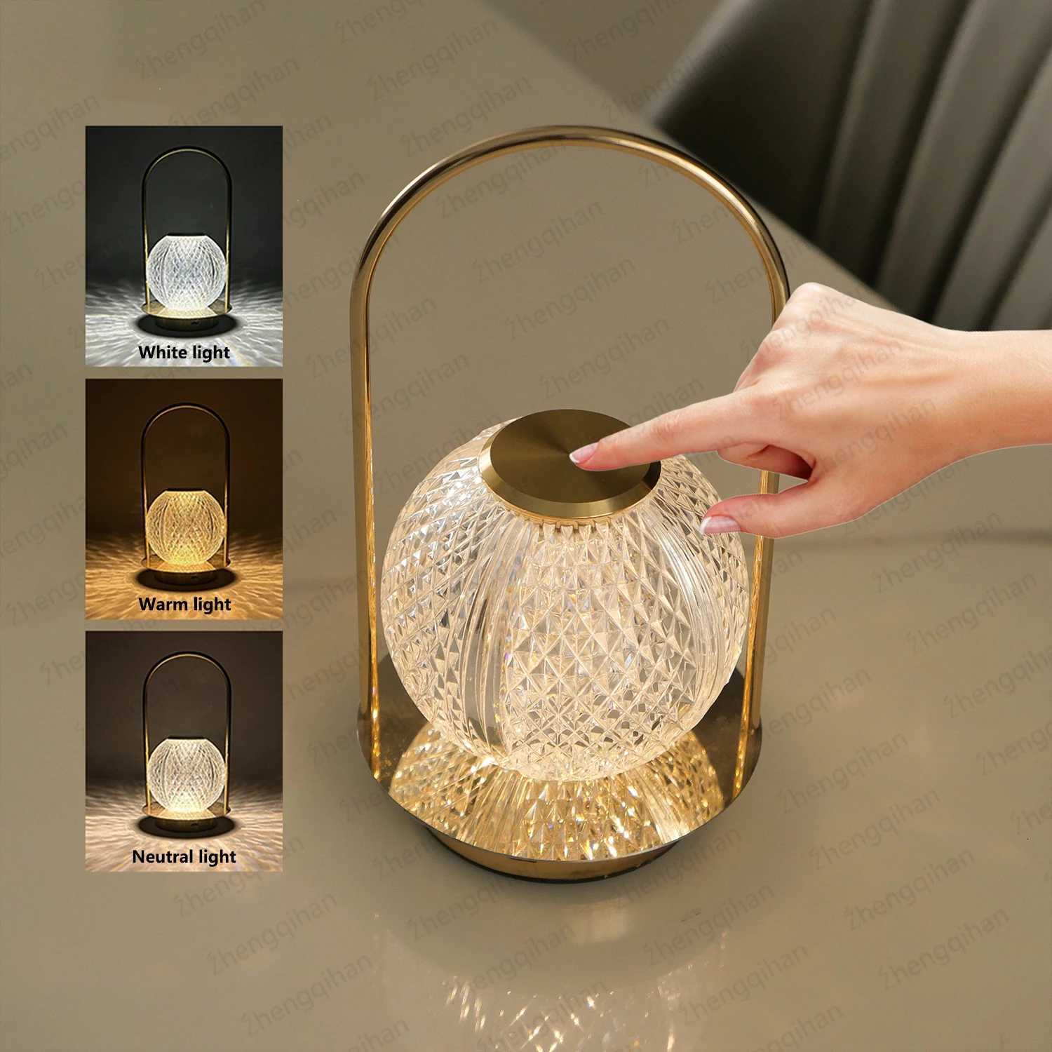 LED Crystal Table Lamp USB Touch 3-Color Stepless Dimming Rechargeable Bedside Light For Bedroom Restaurant Bar Decor Desk LampM251125