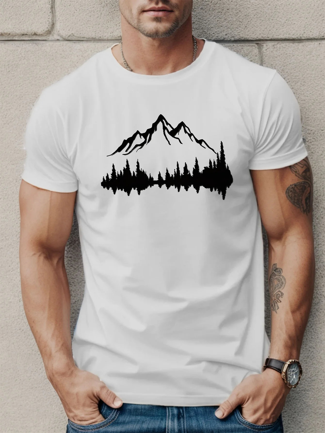 Summer mens 100 pure cotton casual loose large mountain and tree print sports comfortable round neck short sleeved Tshirt 250417