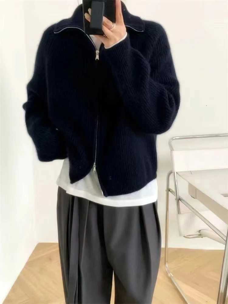 Zippered Lapel Cashmere Sweater Womens Thickening Cardigan Loose 100 Wool Jacket Korean Version Fashion Knitted Sweater TopT251125