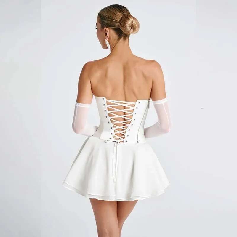 Dongdumaoyi Townlike A Line Pleated Ball Gown Dress Women Strapless Mini Spring Summer Backless Nightclub Sexy Party Dresses