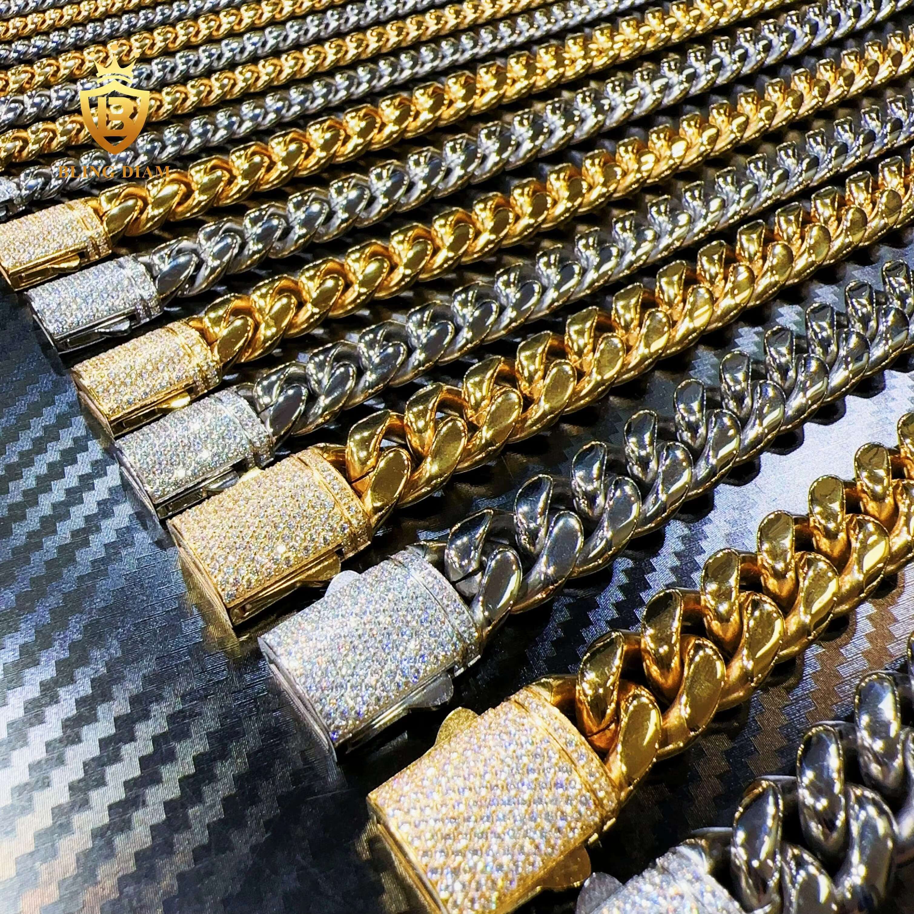 Blingdiam Jewelry Fashion 6mm 8mm 12mm 14mm Spring Buckle Hiphop Chain Stainless Steel Cuban Link Chain