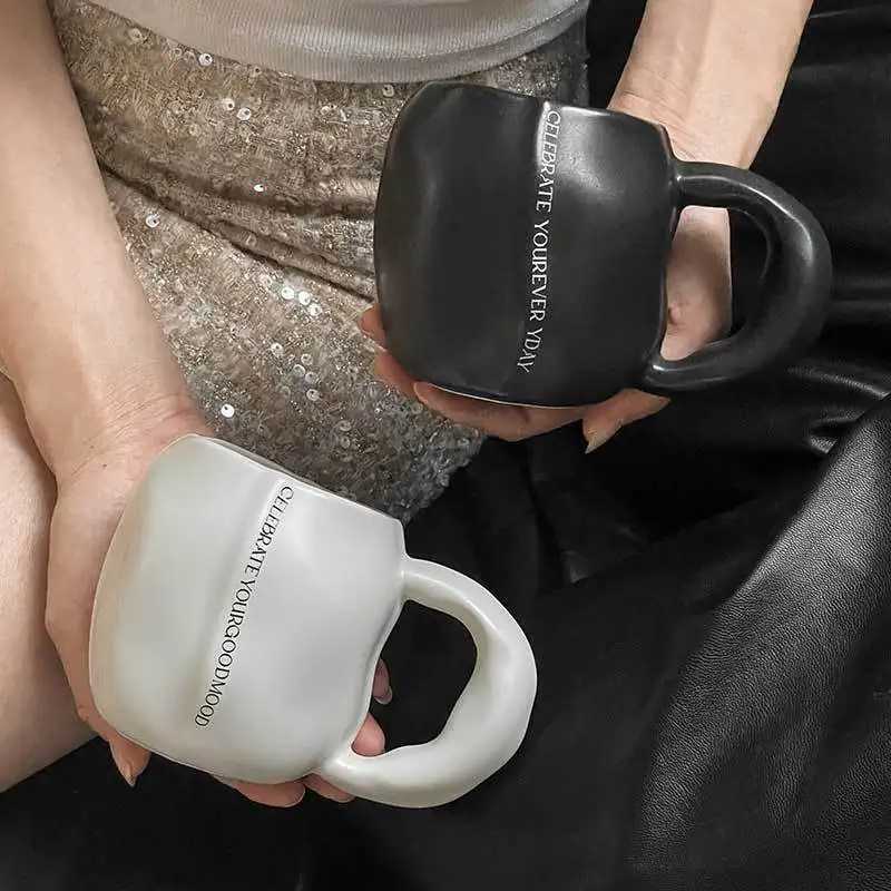 Simple Matte Black White Ceramic MugsOffice Coffee Milk Couple CupsHome Text Pattern MugIrregularity DrinkwareHoliday Gifts Y251125