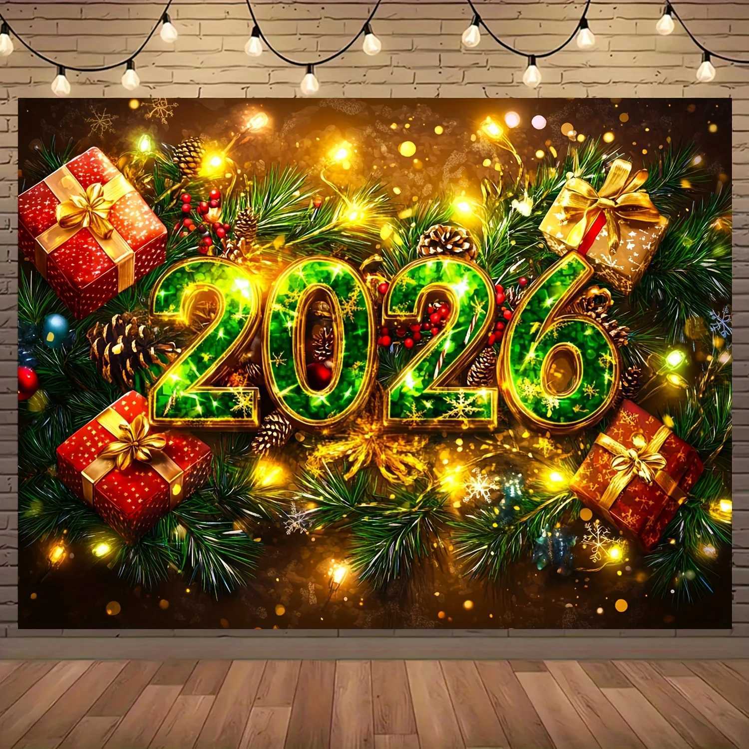 2026 New Year Tapestry Christmas Tree Decor Wall Hanging Golden Numbers Gift Boxes Art Holiday Lights Festival ThemeM251125