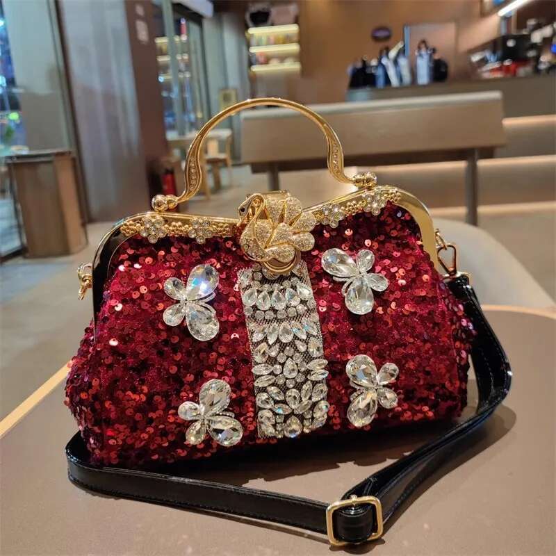 Spring new crystal sequin metal buckle handbag banquet dress daily large-capacity one-shoulder cross-body leather women's bag