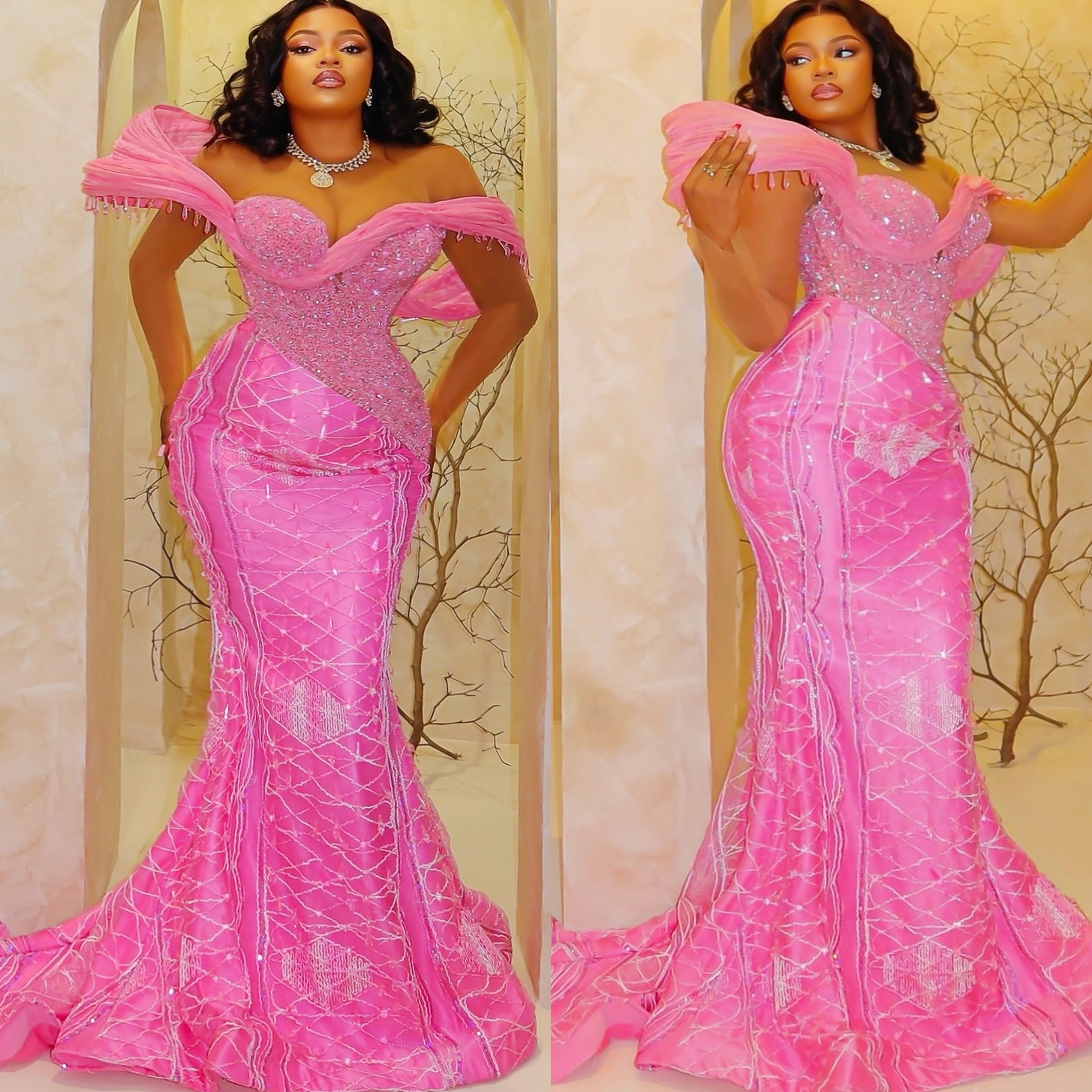 Pink Mermaid Plus Size Prom Dresses 2025 Beaded Crystals Sequined Sparkly Evening Formal Party Second Birthday Engagement Gowns Dress For Special Occa
