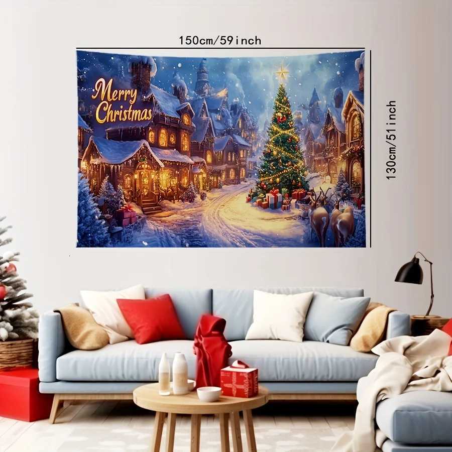 2D Flat 1pc Christmas Winter Snow Village Tapestry Wall Hanging - Polyester Fabric No Electricity Needed with Merry Christmas LM251125
