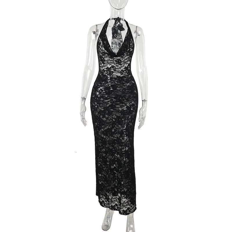 Dongdumaoyi Townlike Maxi Long Perspective Lace Slim Bodycon Dress Women Halter Summer Backless Nightclub Sexy Party Dresses