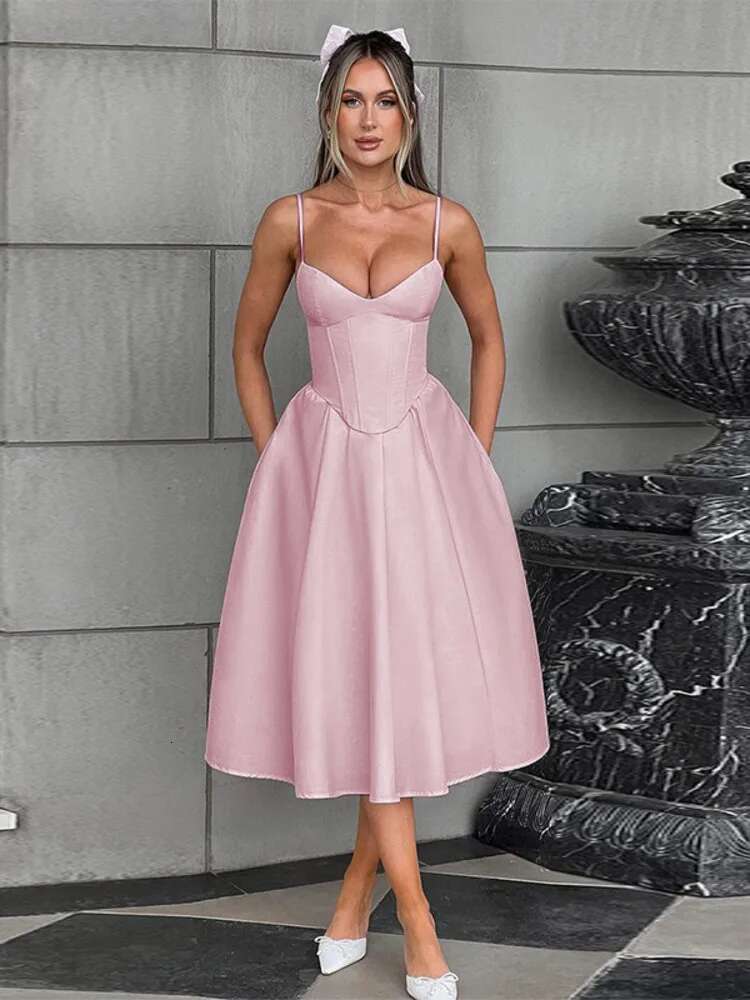 Dongdumaoyi Townlike Elegant Midi Long Waist Wrap A Line Dress Women Spaghetti Strap Spring Summer Nightclub Sexy Party Dresses