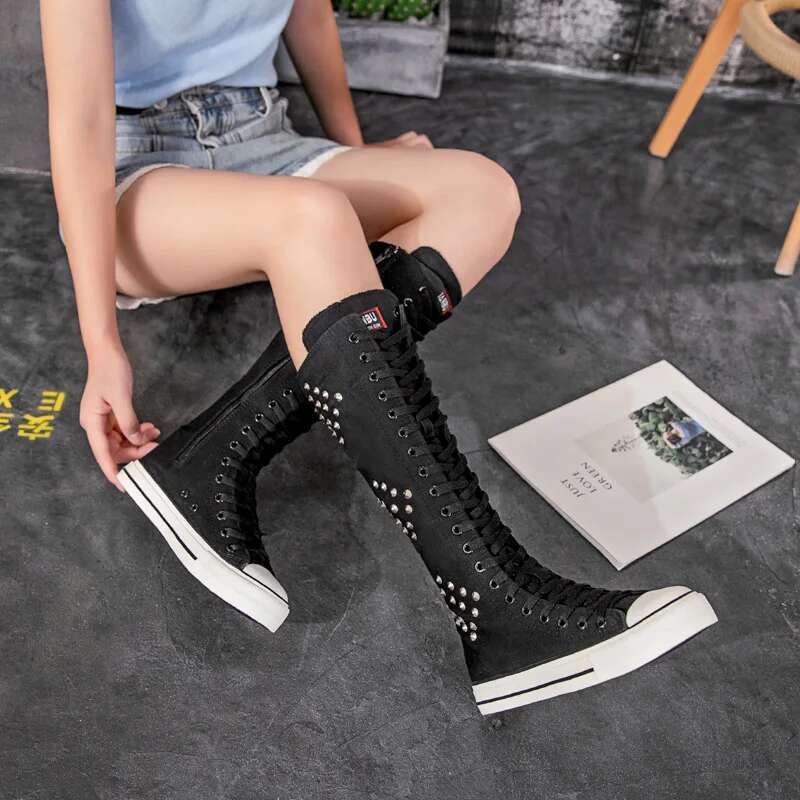 Spring and summer new long lace-up side zipper knee-high boots casual flat inner heightening large-size rivet canvas women shoes