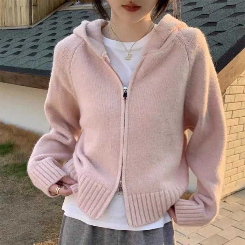 2025 Autumn Winter Solid Color Straight Coat New Fashion Double Zipper Hooded Knitted Top Cardigan Womens Long Sleeve SweaterT251125