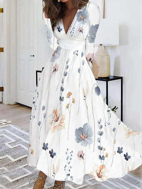 2023 Autumn V-neck Long sleeved Printed Womens Dress Womens Dress