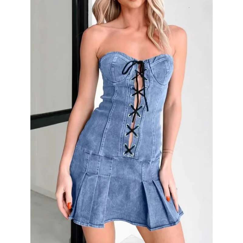 Dongdumaoyi Summer Elegant Sexy Low Waist Tie Strap Tube Top Denim Women S Fashion Dress D