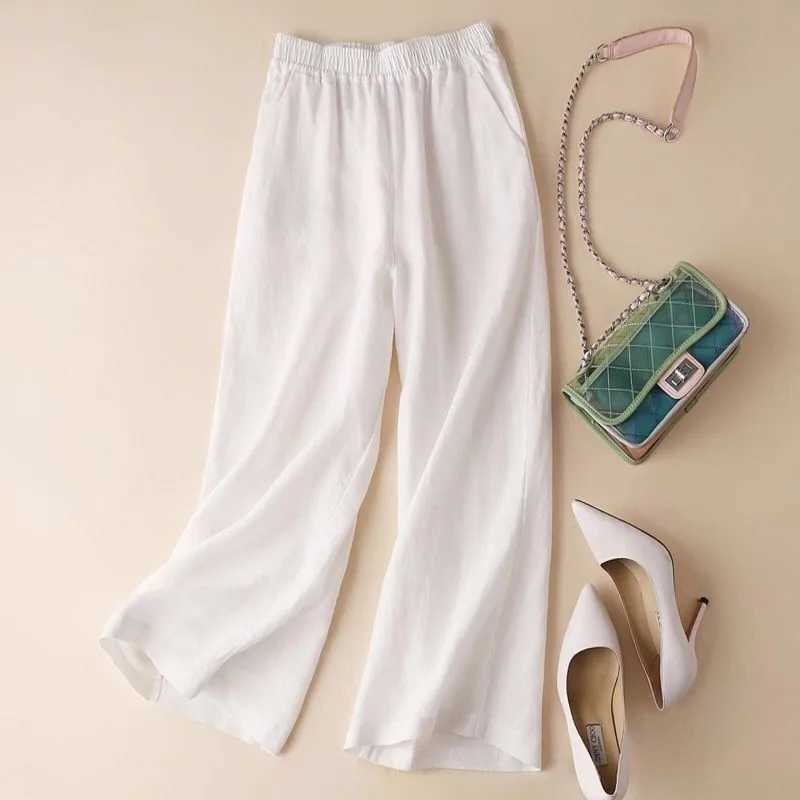 Fashionable womens full-length casual pants cotton linen wide leg pants solid summer pants womens loose high waisted straight pantsC250425