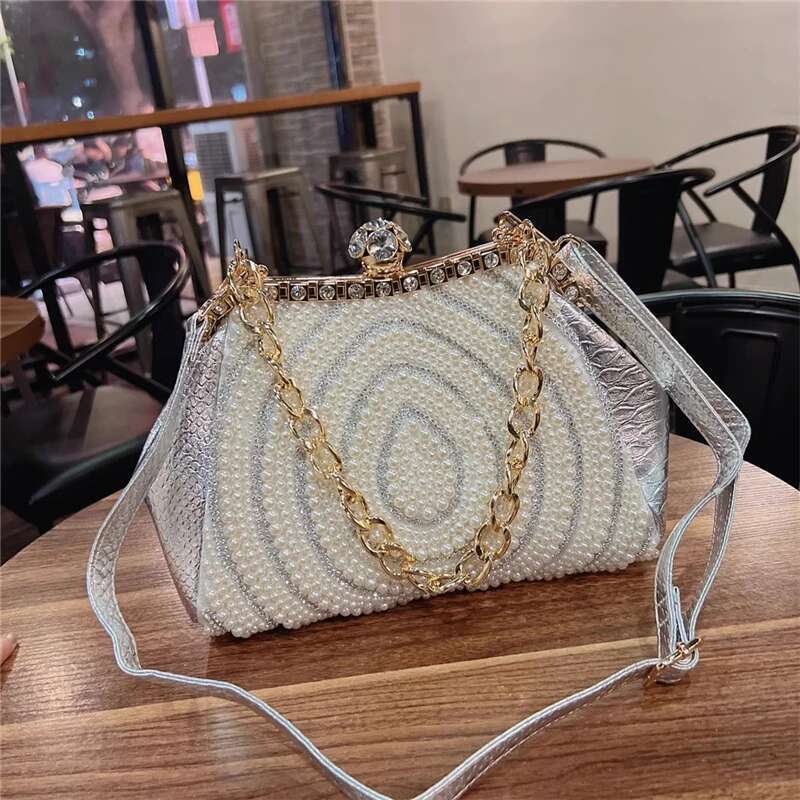 Spring and autumn new metal frame pearl dia rhinestone clip handbag daily large-capacity one-shoulder cross-body women's bag