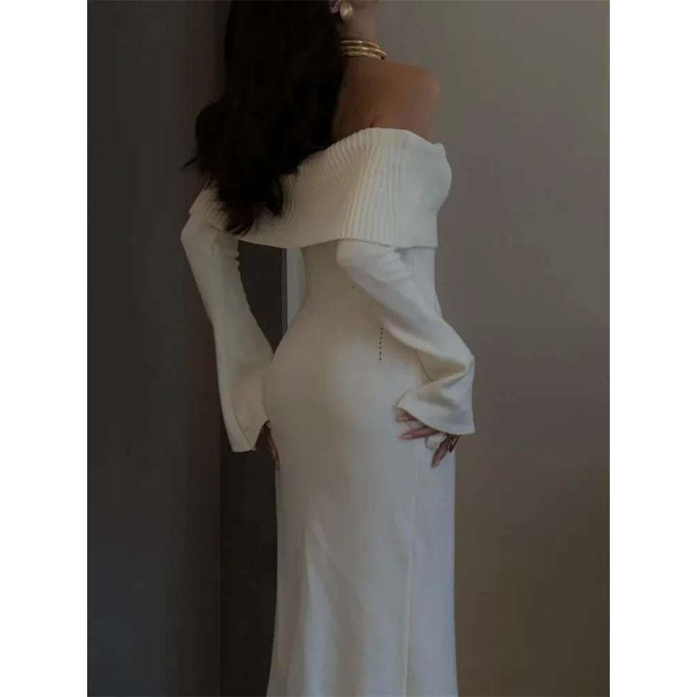 White Autumn Knit Sweater Long Women Ribbed High Waist Fashion Off-Shoulder Loose Party Female Knitwear Dress