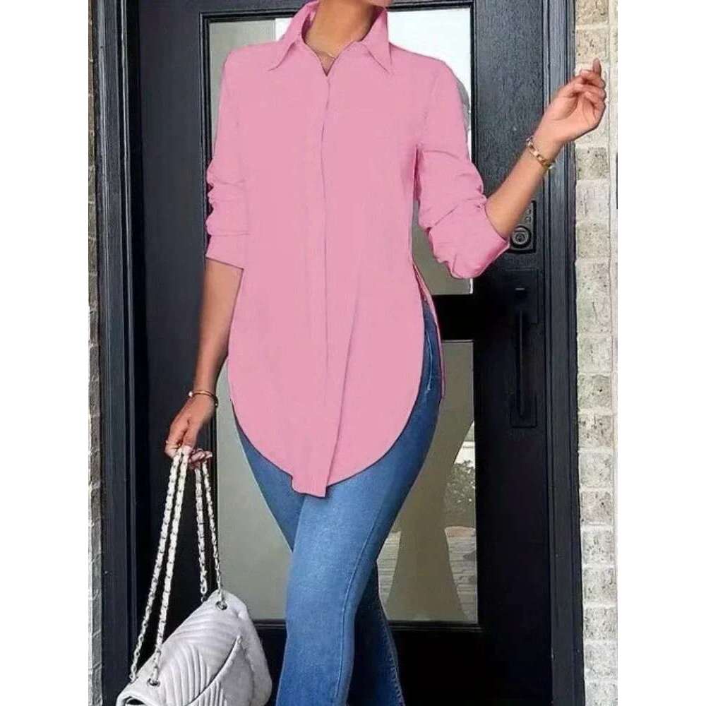 Plus Size Casual Simple Mid-Long Sleeve Women's Spring Summer Fashion Asymmetric Top Belted Solid Color Shirt