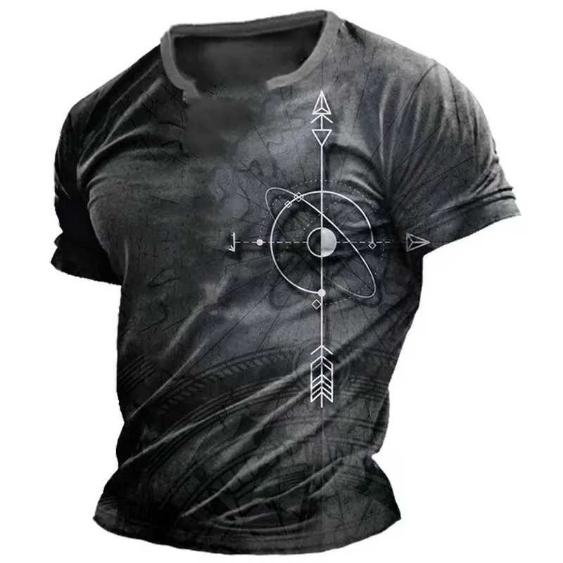Retro mens T-shirt summer American shirt top compass print short sleeved T-shirt loose mens daily clothing casual streetwear W250425