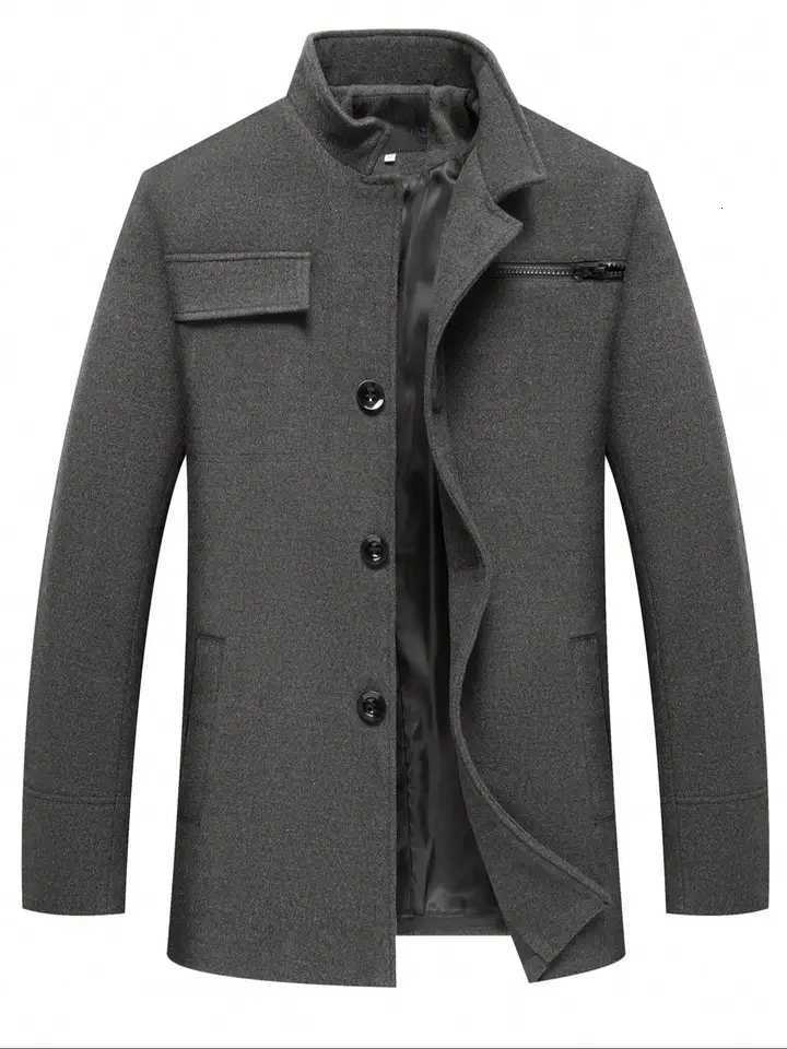 Mens Woolen Overcoat Long Sleeve Solid Casual Jacket with Pockets Comfortable Daily Wear Business Sports FashionT251125
