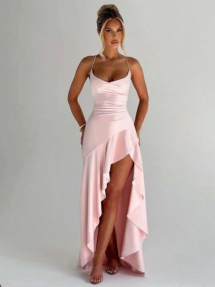 Dongdumaoyi Townlike Ruffles Asymmetric Maxi Long Dress Women Spaghetti Strap Spring Summer Backless Nightclub Sexy Party Dresses