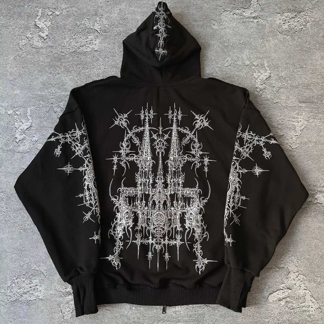 American Hot Black Gothic Line Pattern 3D Hollow Design Black Hoodie Mens Loose Street Hip Hop Trendy Clothing w250425