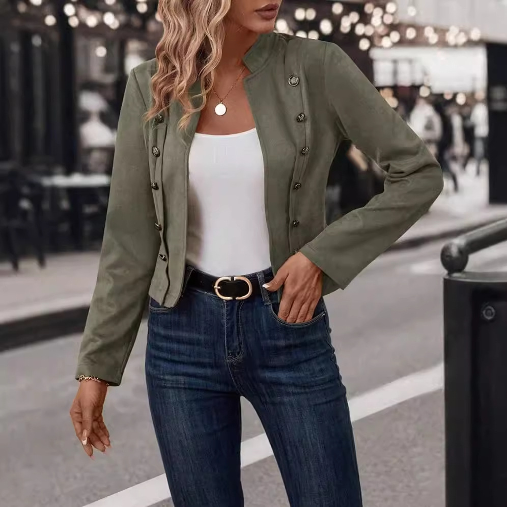 2024 Solid Color Double breasted Decorative Jacket New Deer Velvet Long Sleeve Coat