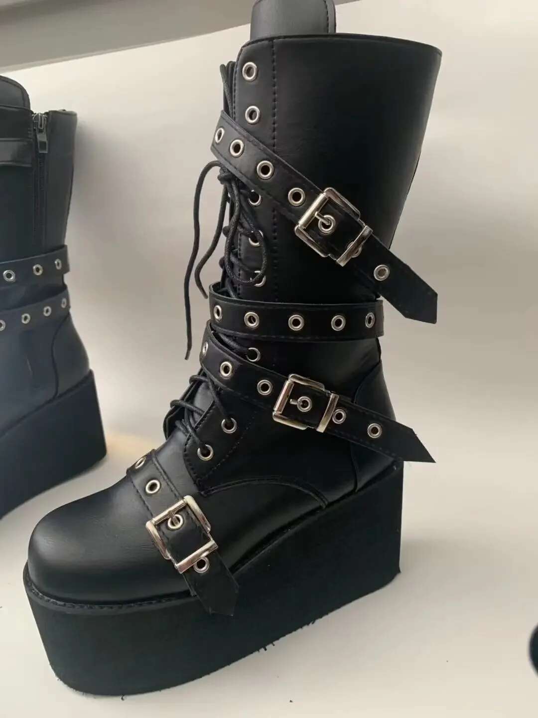Plus Size 43 Autumn Buckle Round Toe Wedges Platform Punk Goth INS Street Shoes Combat Boots For Women