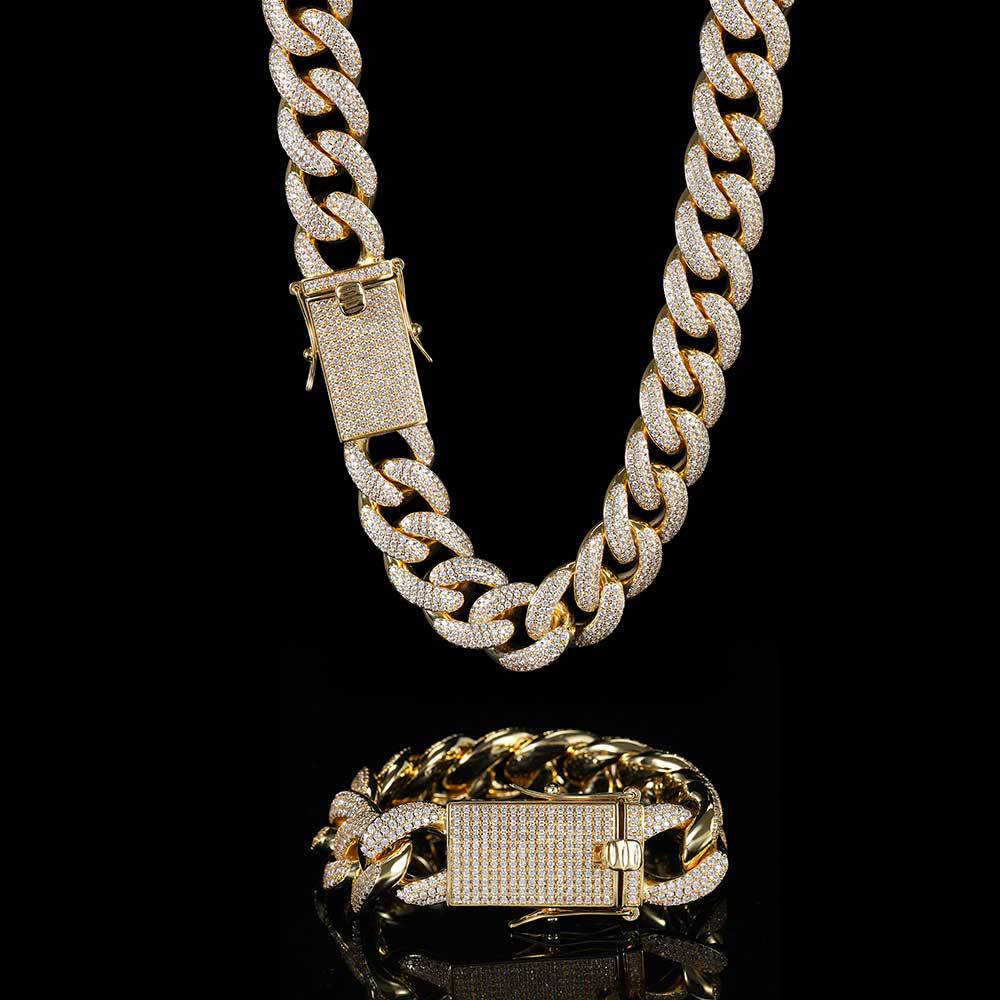 Luxury jewelry 18mm three-row zircon Cuba chain 16in-24in hip-hop necklace, high-quality hip-hop men's 7in-9in bracelet.