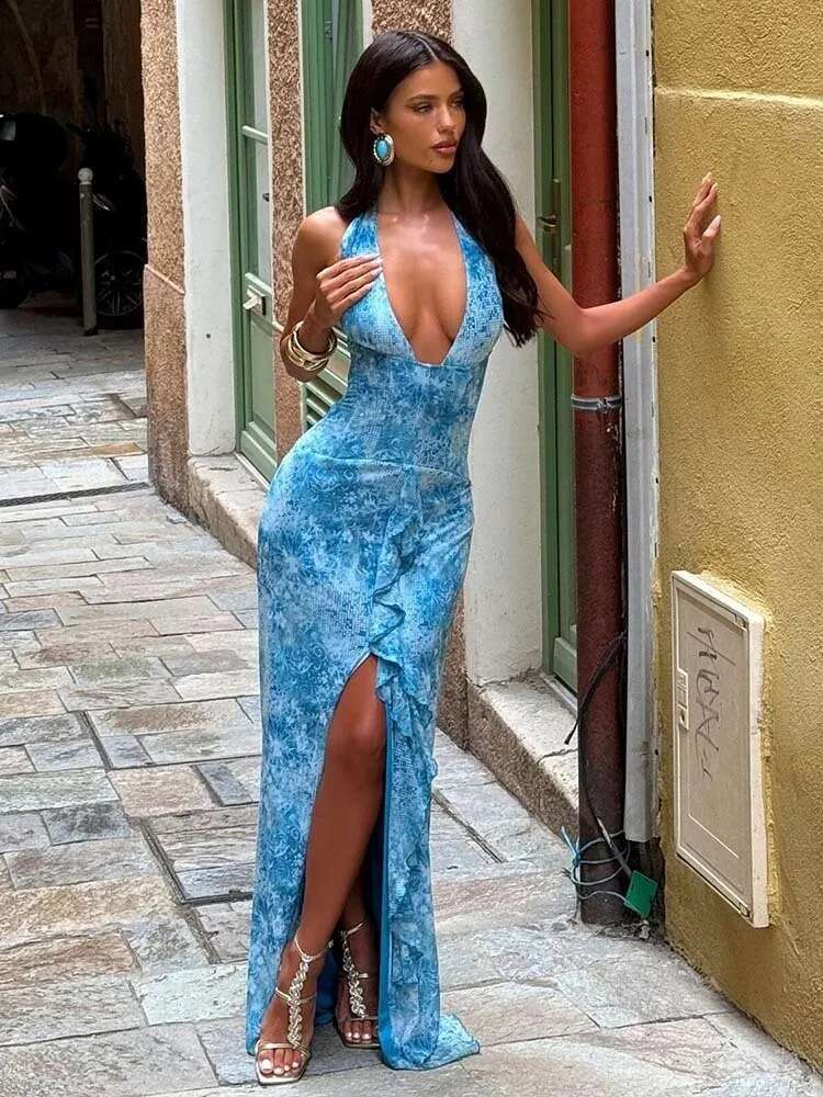 Dongdumaoyi Townlike Print Maxi Long Slim Bodycon Dress Women Halter Spring Summer Ruffles Nightclub Sexy Party Dresses