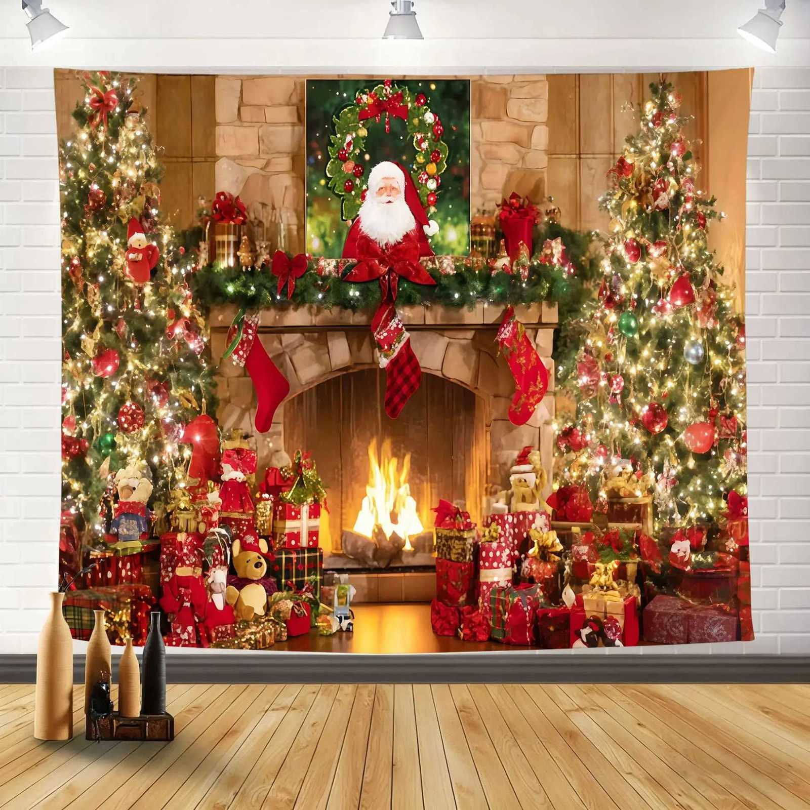 Christmas Decoration Tapestry Tree and Fireplace Scene Hanging Cloth for Holiday Decorations Living Room New Year Home DecorM251125