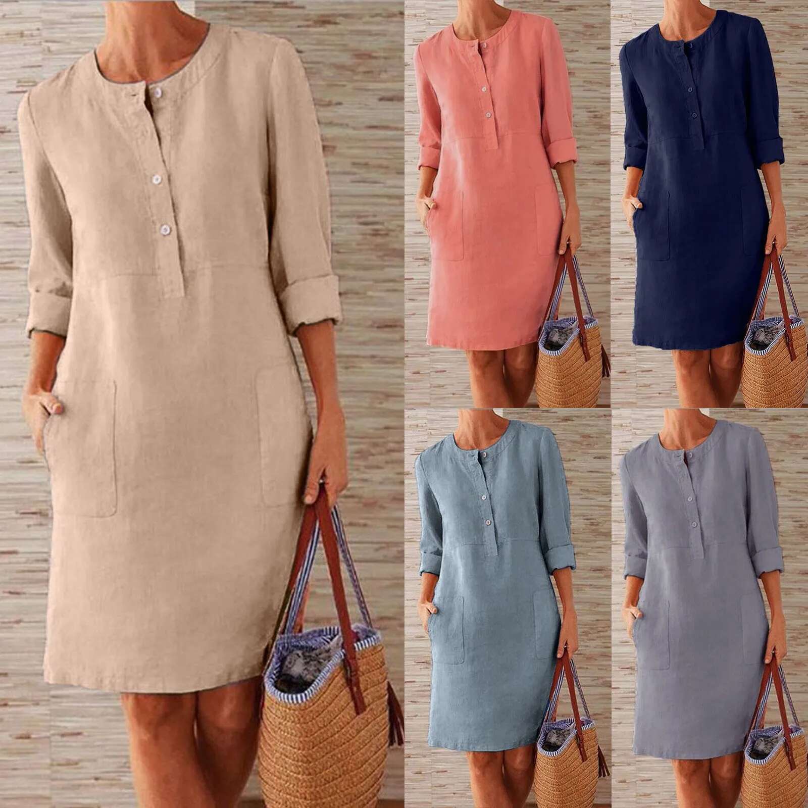 Dongdumaoyi Lady Cotton Linen Dress Retro Women Button Single Breasted Knee Length Solid Color Causal Beach Sundress Vestidos