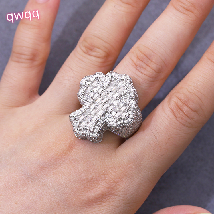 Customized Mens Ring White Gold Plated S925 Sterling Silver With Vvs Moissnaite baguette Ring Cuban Cross Ring