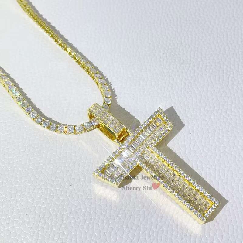 Yellow Gold Baguette Cut Letter Pendant Custom Name Chain VVS Moissanite Diamond Initial Necklace