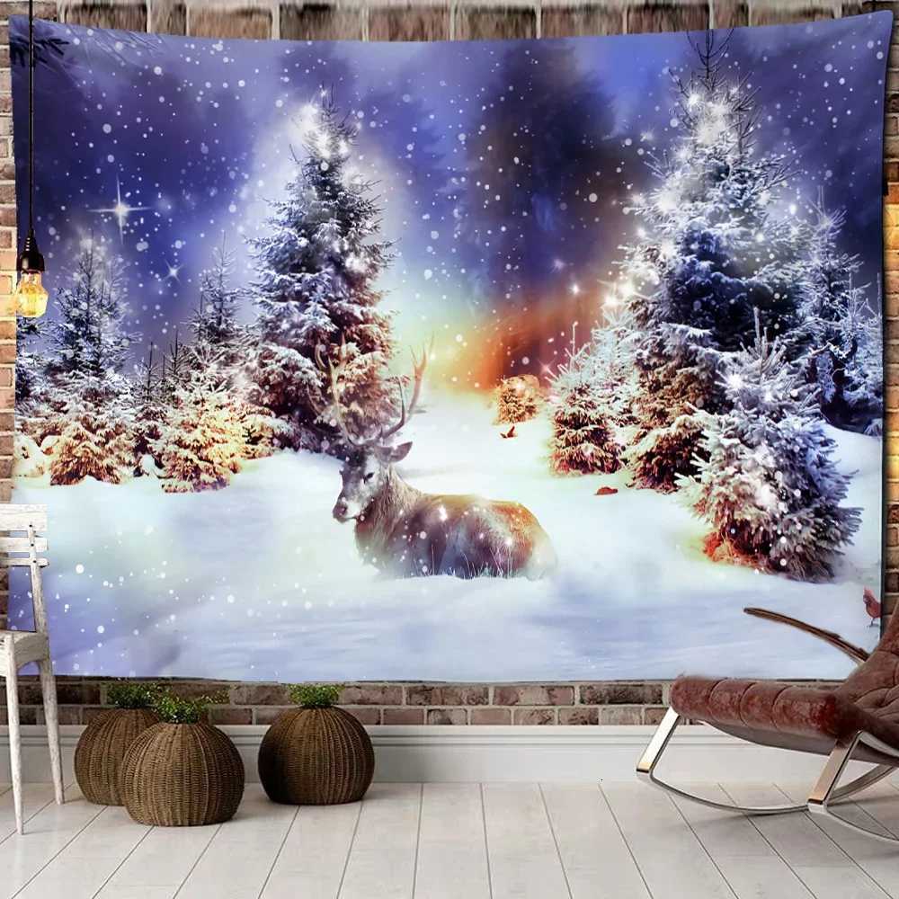 Christmas Woods Snow Scene Tapestry Wall Hanging New Year Gift Elk Bohemian Style Bed Curtain Dormitory Home DecorM251125