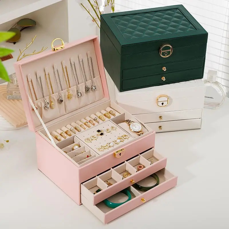 Large Jewelry Storage Box Multi-Layer Organizer For Jewelry Necklace Earring Leather Jewellery Storage Packaging Display Boxes 250424