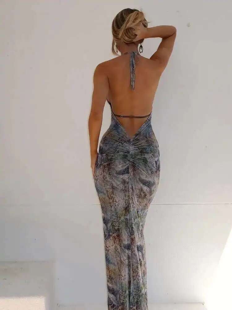 Dongdumaoyi Townlike Print Maxi Long Slim Bodycon Dress Women Halter Spring Summer Deep V Neck Nightclub Sexy Party Dresses