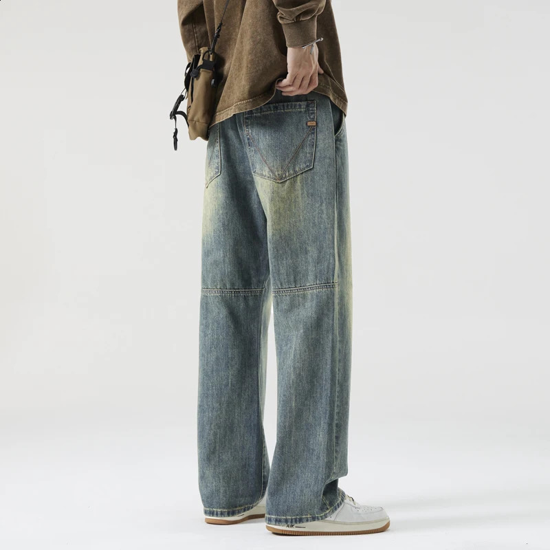 Retro fashion autumn jeans mens straight pocket street clothing patchwork Korean personality casual blue gray Trouser 250409