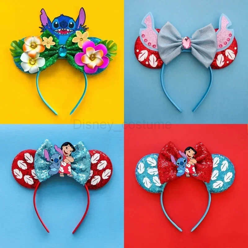 Disney Lilo Stitch Ears Hair Bands Girls Pink Angel Headbands Children Bow Blue Stitching Hair Accessories Womens Glitter Disney Headbands X250425