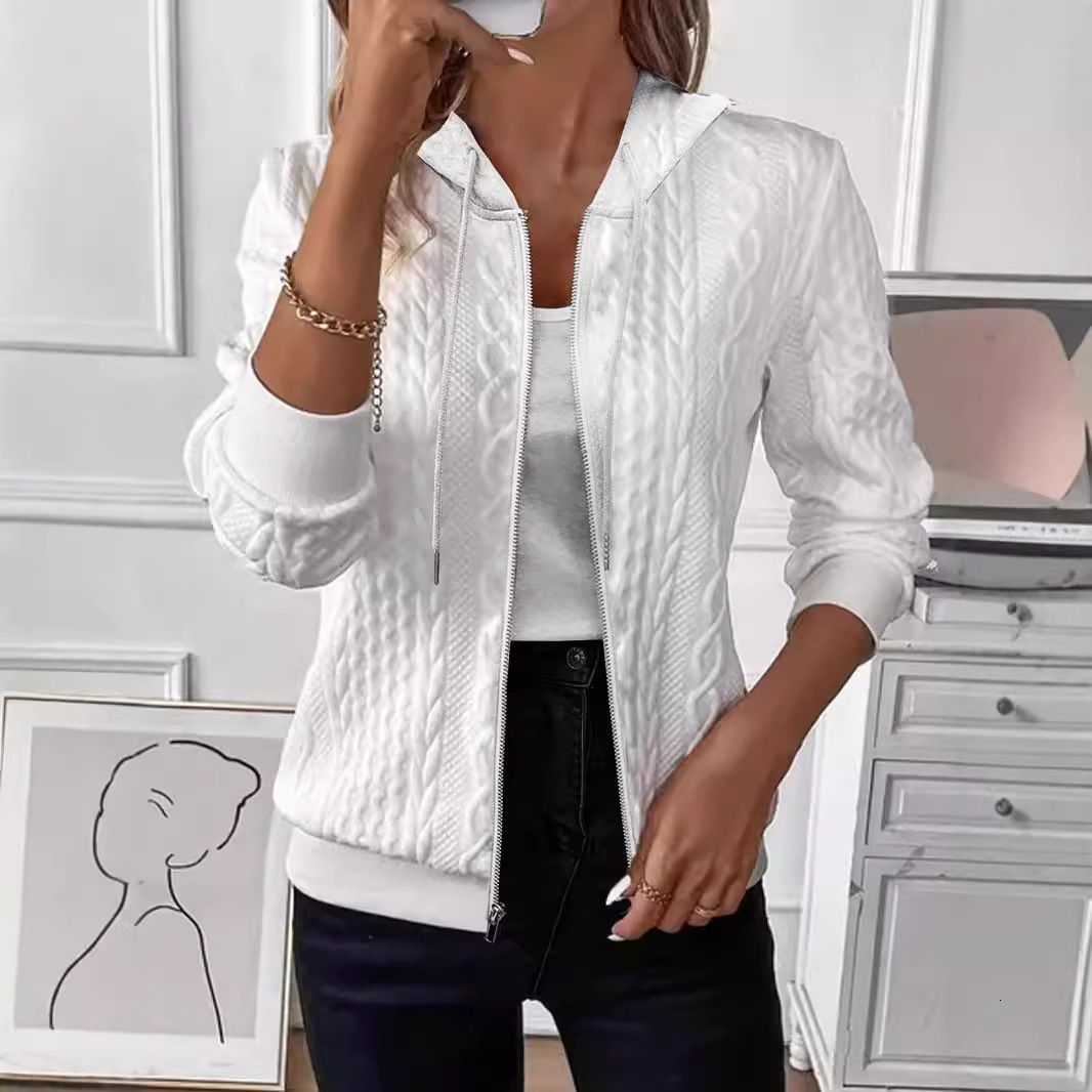 2024 autumn and winter solid color long sleeved knitted zipper hooded sweatshirt jacket for women