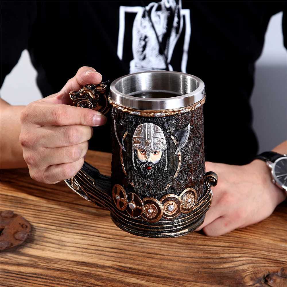Vikings Skull Vintage Style Stainless Steel Beer Mug Medieval Pirate Wood Barrel Coffee Cups Halloween Metal Drink Bar Ornaments Y251125