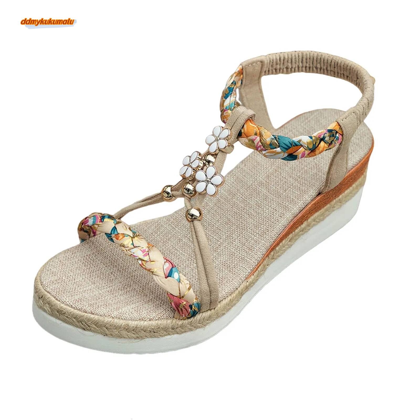 Women'S New Summer Classic Wedge Thick Sole Elevated Elastic Strap Open Toe Hollow Clear Heel Sandals For Beach Vacation ddmykukumalu