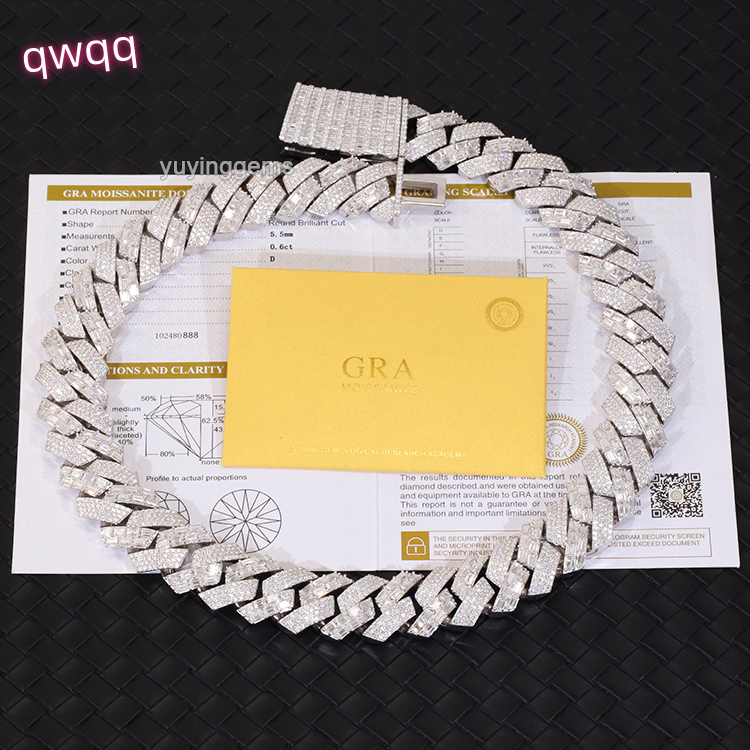 Yu Ying 22mm Wide Baguette Moissanite Diamond 18K Gold Plated Solid Silver Necklace Cuban Link Chain