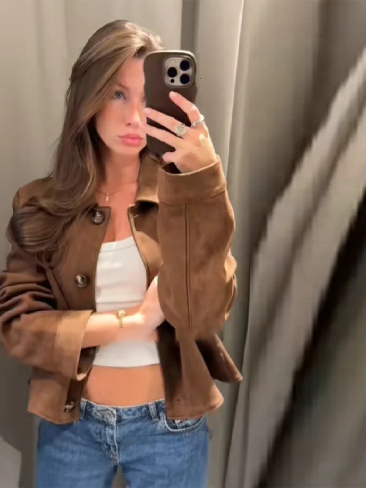 Suede Leather Short Jacket Coat Fashion Stand Collar Vintage Casual Motorcycle Jackets Baggy Front Shoulder Women Outwear Top 251124