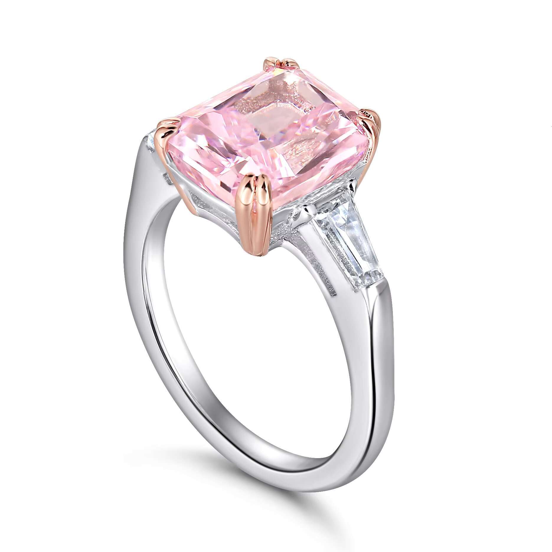 Three-Stone Wedding Ring Pink Color Radiant Cut 4ct VVS Moissanite Ring S925 Sterling Silver Fine Jewelry Rings