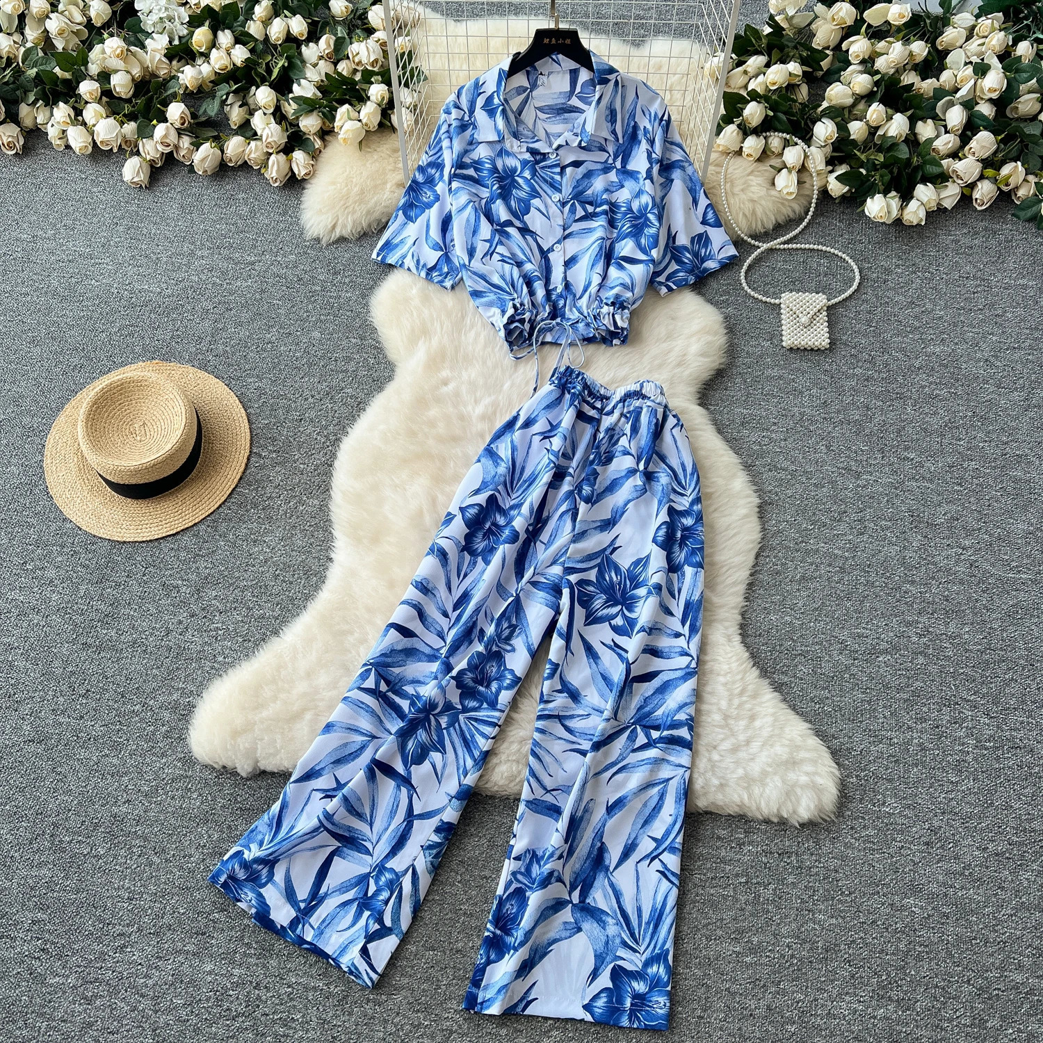 Summer Fashion Printed Set Womens Loose Short Sleeve Top Elastic Waist Wide Leg Cutting Pants Womens Elegant Two Piece Set 250414Z