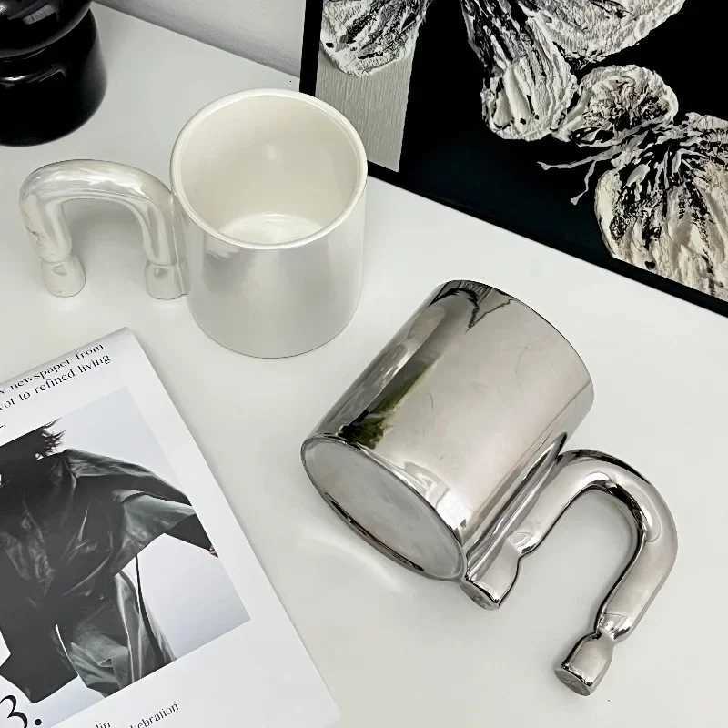 Modern Electroplating Silver Ceramic Mug Art Irregular Shaped Coffee Cup Couple Mug Office Drinking Cup Birthday Gift Decoration Y251125