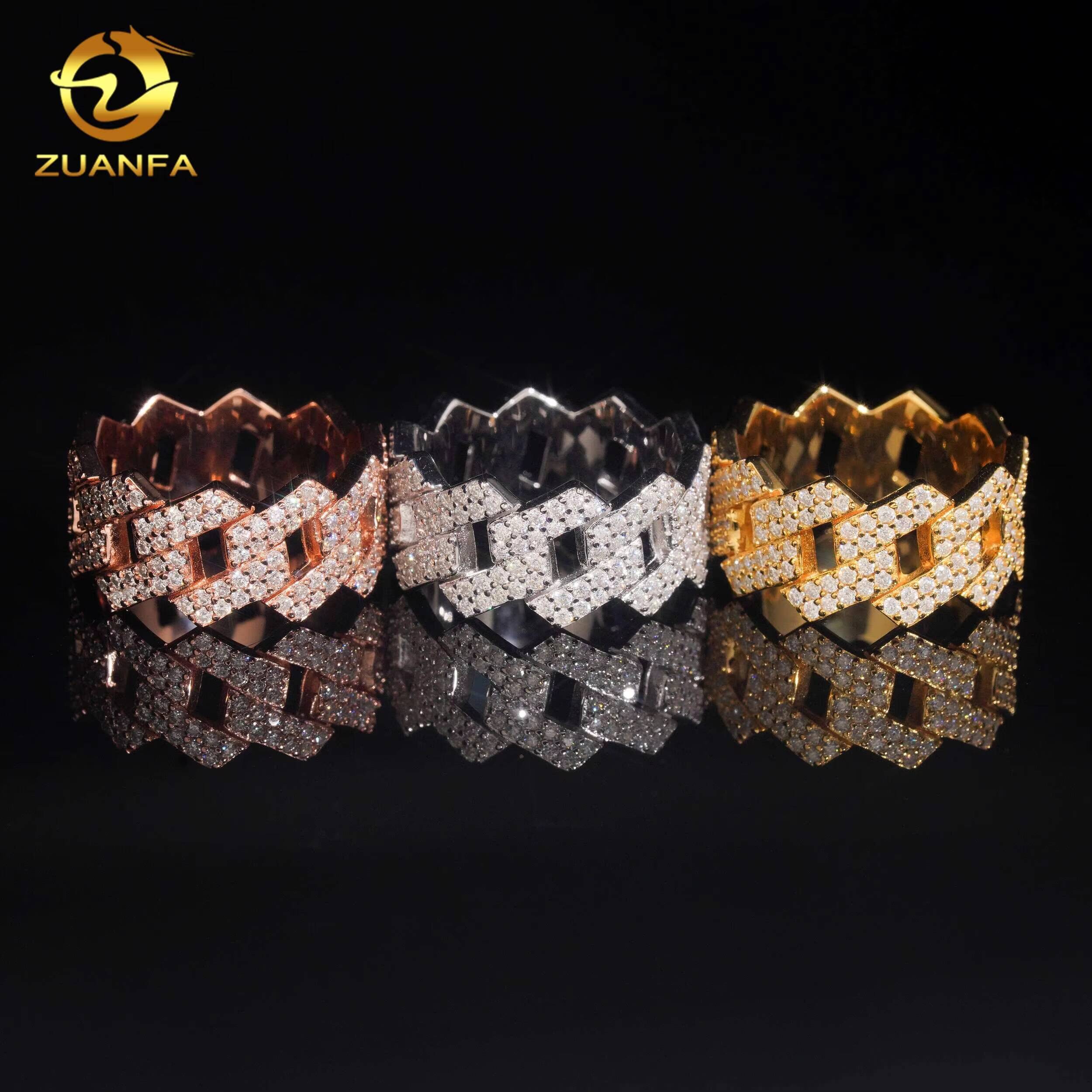 Hot Sale Two Row Hip Hop Rapper VVS Mokssanite Ring 925 Silver Fine Jewelry Full Diamond Iced Out Jewelry Cuban Ring for Men