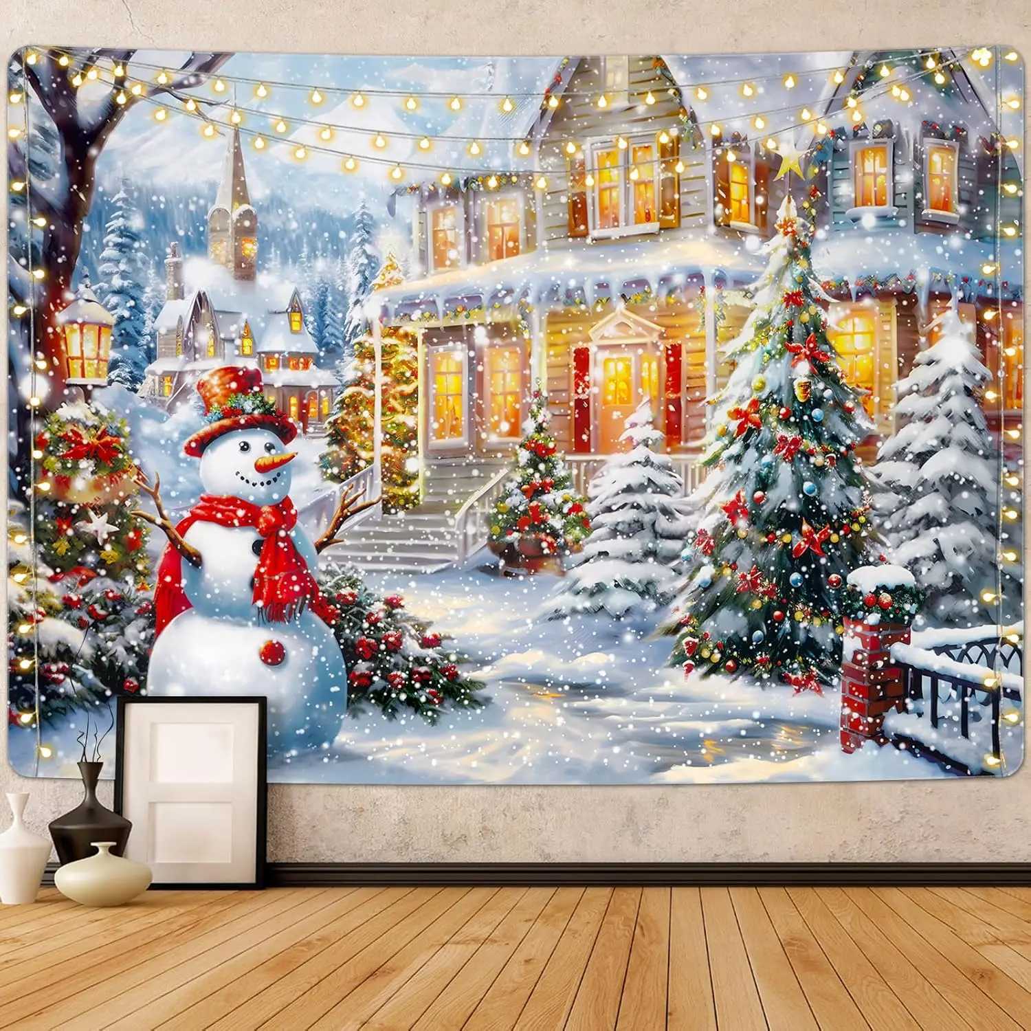 Krelymics Christmas Tapestry Xmas Tree Tapestries Snowman Tapestry Snow Happy New Year Backdrop Decor Winter Warm House TapestryM251125
