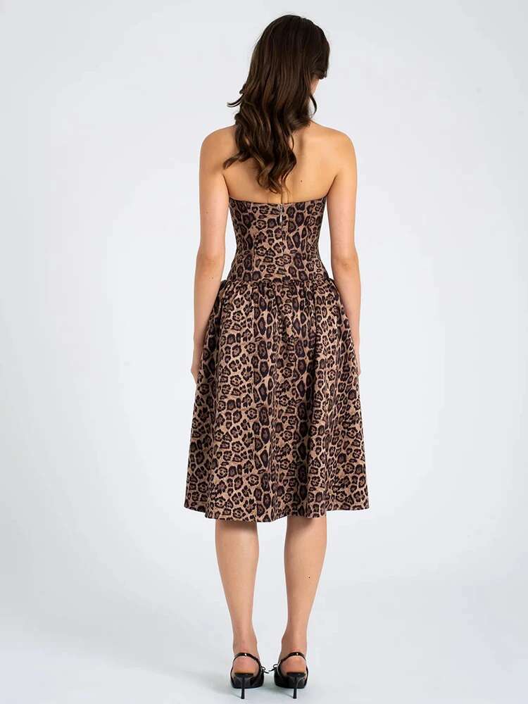 dongdumaoyi Townlike Leopard Print A-e Women Lace Strapless Midi Long 2024 Summer Dress Backless Nightclub Sexy Party Dresses