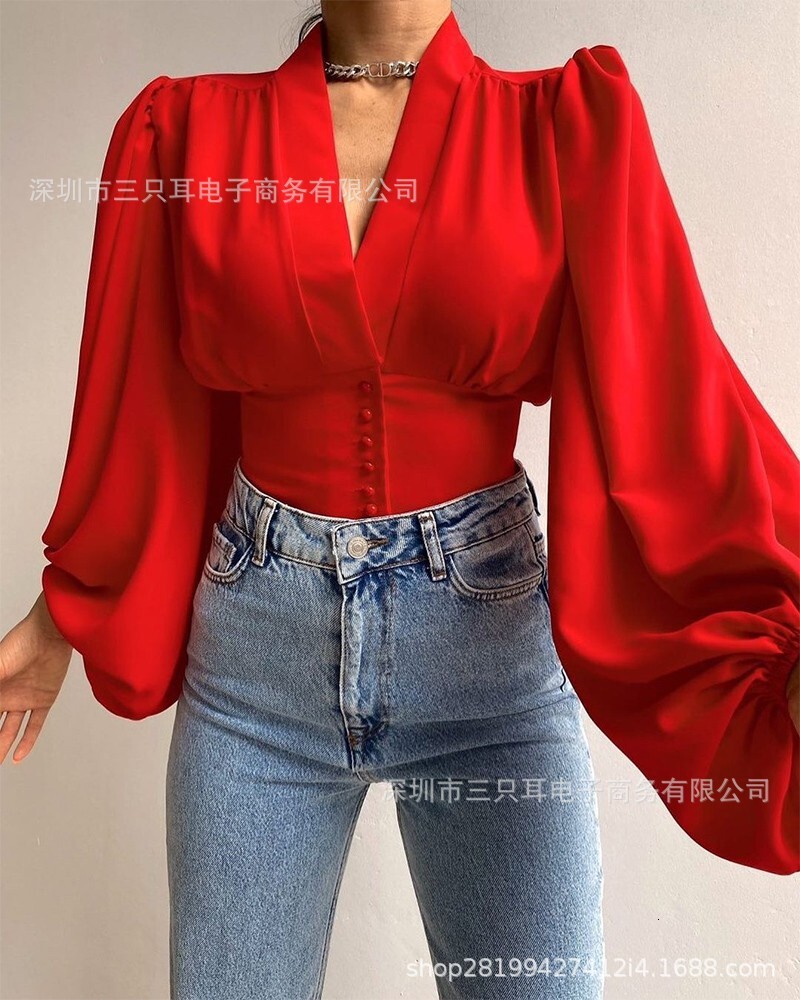 Spring 2021 new style button V-neck Lantern Sleeve Top Shirt